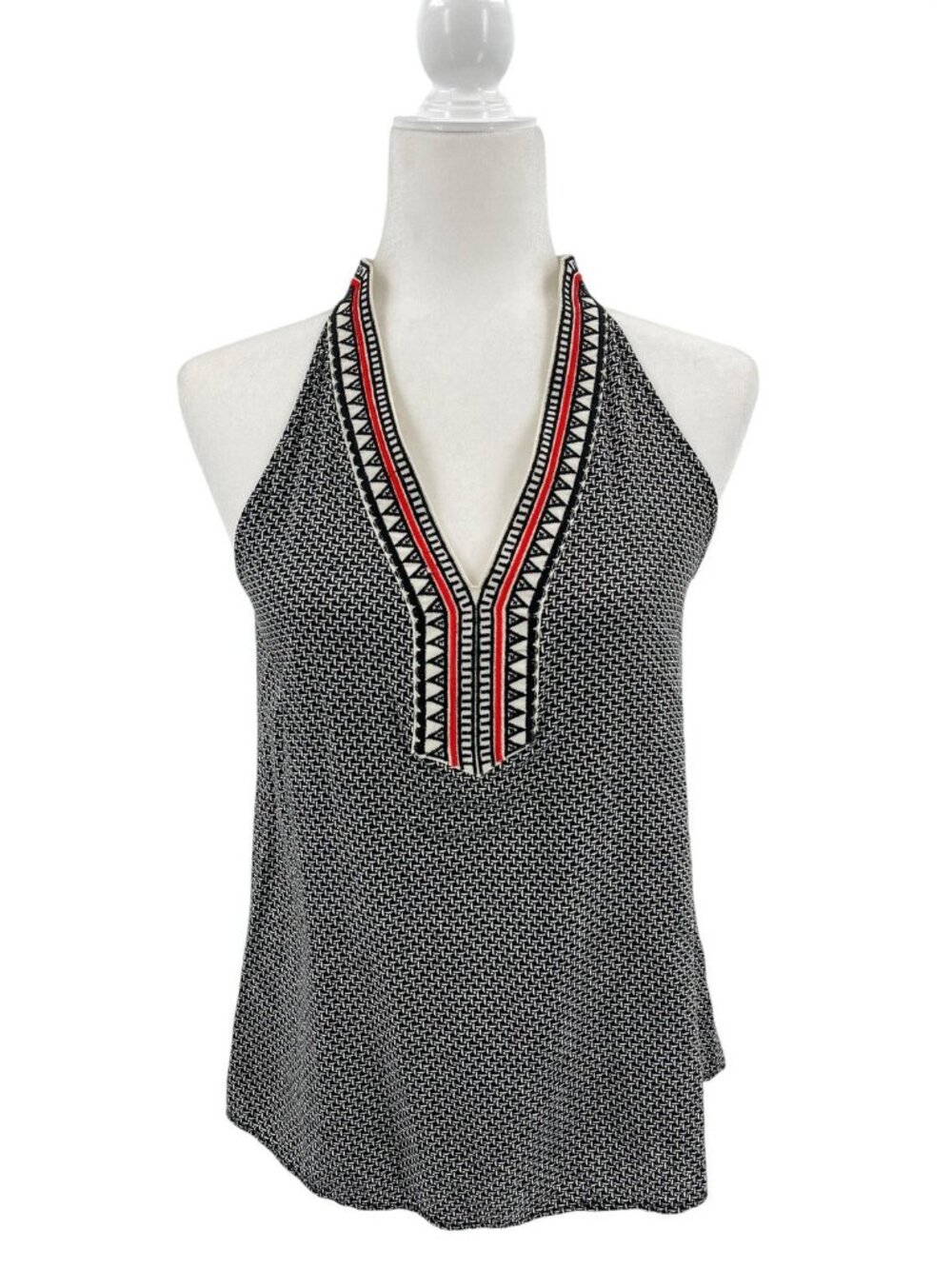 THML Women's Black Geo Pattern Embroidered V-Neck Racerback Blouse Medium